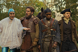 The Completely Made-Up Adventures Of Dick Turpin. Image shows left to right: Dick Turpin (Noel Fielding), Moose Pleck (Marc Wootton), Honesty Courage (Duayne Boachie), Nell Brazier (Ellie White)