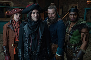 The Completely Made-Up Adventures Of Dick Turpin. Image shows left to right: Nell Brazier (Ellie White), Dick Turpin (Noel Fielding), Moose Pleck (Marc Wootton), Honesty Courage (Duayne Boachie)