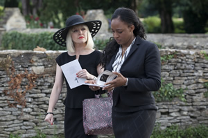 Agatha Raisin. Image shows from L to R: Agatha Raisin (Ashley Jensen), Tracy Forrest (Elexi Walker)