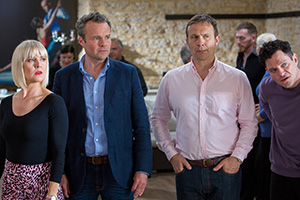 Agatha Raisin. Image shows from L to R: Agatha Raisin (Ashley Jensen), James Lacey (Jamie Glover), Sir Charles Fraith (Jason Merrells), Roy Silver (Mathew Horne)