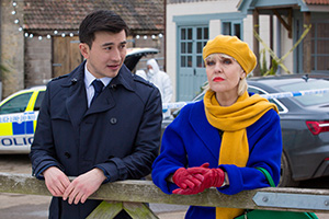 Agatha Raisin. Image shows from L to R: DC Bill Wong (Matt McCooey), Agatha Raisin (Ashley Jensen)