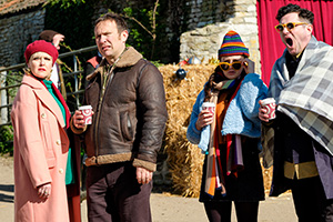 Agatha Raisin. Image shows from L to R: Agatha Raisin (Ashley Jensen), Sir Charles Fraith (Jason Merrells), Toni Gilmour (Jodie Tyack), Roy Silver (Mathew Horne)