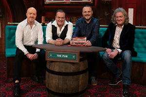 Al Murray's Great British Pub Quiz. Image shows from L to R: Andy Parsons, Shaun Williamson, Al Murray, James May. Copyright: Avalon Television