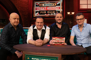 Al Murray's Great British Pub Quiz. Image shows from L to R: Andy Parsons, Shaun Williamson, Al Murray, Hugh Dennis. Copyright: Avalon Television