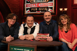 Al Murray's Great British Pub Quiz. Image shows from L to R: Ed Byrne, Shaun Williamson, Al Murray, Kerry Godliman. Copyright: Avalon Television