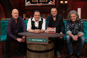 Al Murray's Great British Pub Quiz. Image shows from L to R: Andy Parsons, Shaun Williamson, Al Murray, James May. Copyright: Avalon Television