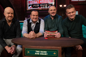 Al Murray's Great British Pub Quiz. Image shows from L to R: Andy Parsons, Shaun Williamson, Al Murray, Hugh Dennis. Copyright: Avalon Television