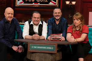 Al Murray's Great British Pub Quiz. Image shows from L to R: Andy Parsons, Shaun Williamson, Al Murray, Kerry Godliman. Copyright: Avalon Television