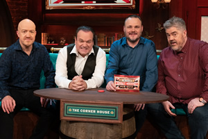 Al Murray's Great British Pub Quiz. Image shows from L to R: Andy Parsons, Shaun Williamson, Al Murray, Phill Jupitus. Copyright: Avalon Television