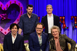 Alan Carr: Chatty Man. Image shows from L to R: Stephen Mangan, Steve Jones, Alan Carr, David Coulthard, Rod Stewart. Copyright: Open Mike Productions