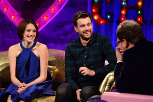 Alan Carr: Chatty Man. Image shows from L to R: Charlotte Ritchie, Jack Whitehall, Alan Carr. Copyright: Open Mike Productions