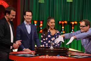 Alan Carr: Chatty Man. Image shows from L to R: Will Arnett, Jimmy Carr, Ariana Grande, Alan Carr. Copyright: Open Mike Productions