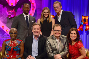 Alan Carr: Chatty Man. Image shows from L to R: Laura Mvula, Anthony Mackie, Piers Morgan, Elizabeth Olsen, Alan Carr, Paul Bettany, Susanna Reid