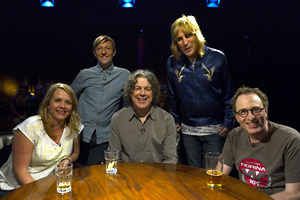 Alan Davies: As Yet Untitled. Image shows from L to R: Kerry Godliman, Andrew Maxwell, Alan Davies, Noel Fielding, Jon Ronson