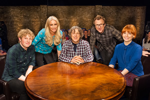 Alan Davies: As Yet Untitled. Image shows from L to R: Josh Widdicombe, Denise Van Outen, Alan Davies, Jason Byrne, Alice Levine. Copyright: Phil McIntyre Entertainment