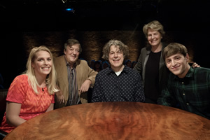 Alan Davies: As Yet Untitled. Image shows from L to R: Sara Pascoe, Stephen Fry, Alan Davies, Sandi Toksvig, Alex Edelman