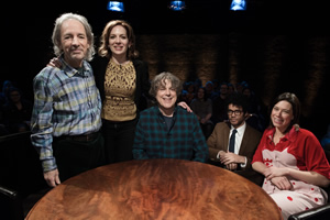 Alan Davies: As Yet Untitled. Image shows from L to R: Harry Shearer, Katherine Parkinson, Alan Davies, Richard Ayoade, Lou Sanders