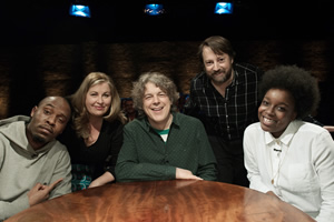 Alan Davies: As Yet Untitled. Image shows from L to R: Dane Baptiste, Liza Tarbuck, Alan Davies, David Mitchell, Lolly Adefope