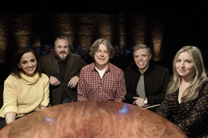 Alan Davies: As Yet Untitled. Image shows from L to R: Luisa Omielan, Al Murray, Alan Davies, Rob Beckett, Victoria Coren Mitchell