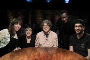 Alan Davies: As Yet Untitled. Image shows from L to R: Bridget Christie, Eddie Izzard, Alan Davies, Stephen K Amos, Josh Howie