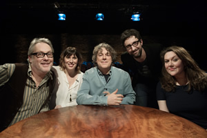 Alan Davies: As Yet Untitled. Image shows from L to R: Vic Reeves, Karen Taylor, Alan Davies, Mark Watson, Katy Wix