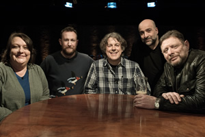 Alan Davies: As Yet Untitled. Image shows from L to R: Kathy Burke, Alex Horne, Alan Davies, Omid Djalili, Shaun Ryder