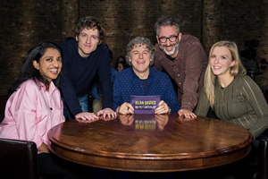 Alan Davies: As Yet Untitled. Image shows from L to R: Sindhu Vee, Elis James, Alan Davies, David Baddiel, Beattie Edmondson. Copyright: Phil McIntyre Entertainment