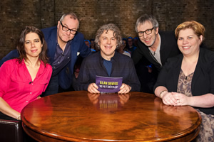 Alan Davies: As Yet Untitled. Image shows from L to R: Lou Sanders, Jack Dee, Alan Davies, Ian Stone, Katy Brand. Copyright: Phil McIntyre Entertainment