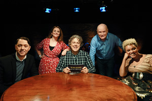 Alan Davies: As Yet Untitled. Image shows from L to R: Reece Shearsmith, Lucy Porter, Alan Davies, Dave Johns, Gemma Cairney. Copyright: Phil McIntyre Entertainment