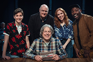 Alan Davies: As Yet Untitled. Image shows from L to R: Sarah Keyworth, Dara O Briain, Alan Davies, Angela Scanlon, Darren Harriott. Copyright: Phil McIntyre Entertainment