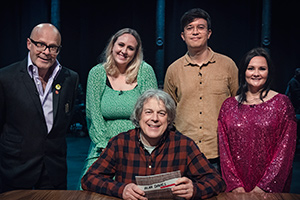 Alan Davies: As Yet Untitled. Image shows from L to R: Harry Hill, Helen Bauer, Alan Davies, Phil Wang, Rachel Fairburn. Copyright: Phil McIntyre Entertainment