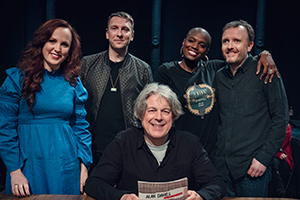 Alan Davies: As Yet Untitled. Image shows from L to R: Catherine Bohart, Joe Lycett, Alan Davies, Thanyia Moore, Chris McCausland. Copyright: Phil McIntyre Entertainment