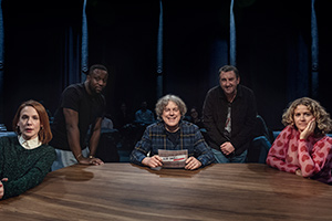 Alan Davies: As Yet Untitled. Image shows from L to R: Sara Barron, Babatundé Aléshé, Alan Davies, Lee Mack, Grace Campbell. Copyright: Phil McIntyre Entertainment