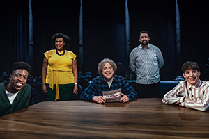 Alan Davies: As Yet Untitled. Image shows from L to R: Toussaint Douglass, Desiree Burch, Alan Davies, Jason Manford, Suzi Ruffell. Copyright: Phil McIntyre Entertainment