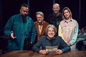 Alan Davies: As Yet Untitled. Image shows from L to R: Guz Khan, Geoff Lloyd, Alan Davies, Andy Field, Lou Sanders. Copyright: Phil McIntyre Entertainment