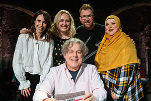 Alan Davies: As Yet Untitled. Image shows left to right: Alex Jones, Helen Bauer, Alan Davies, Jason Byrne, Fatiha El-Ghorri