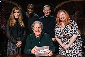 Alan Davies: As Yet Untitled. Image shows left to right: Jessica Hynes, Emmanuel Sonubi, Alan Davies, Patrick Kielty, Amy Gledhill