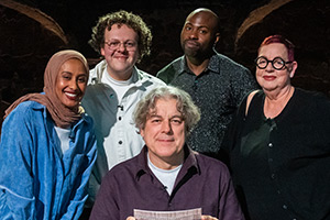 Alan Davies: As Yet Untitled. Image shows left to right: Ola Labib, Jack Rooke, Alan Davies, Darren Harriott, Jo Brand