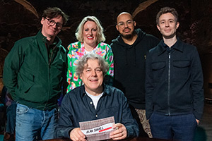 Alan Davies: As Yet Untitled. Image shows left to right: Ed Byrne, Steph McGovern, Alan Davies, Archie Maddocks, Matt Edmondson