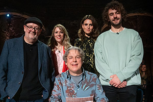 Alan Davies: As Yet Untitled. Image shows left to right: Johnny Vegas, Rachel Parris, Alan Davies, Ellie Taylor, Josh Pugh