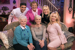 All Round To Mrs. Brown's. Image shows from L to R: Aly Mahmoud, Shirley Erskine, Mrs Brown (Brendan O'Carroll), Judy Murray, Cathy Brown (Jennifer Gibney), Pamela Anderson