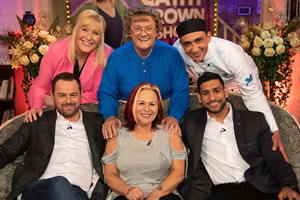 All Round To Mrs. Brown's. Image shows from L to R: Danny Dyer, Cathy Brown (Jennifer Gibney), Mrs Brown (Brendan O'Carroll), Chris Dyer, Aly Mahmoud, Amir Khan