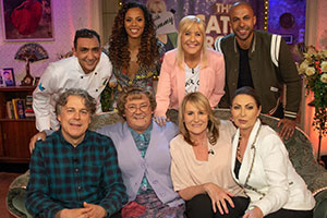 All Round To Mrs. Brown's. Image shows from L to R: Alan Davies, Aly Mahmoud, Rochelle Humes, Mrs Brown (Brendan O'Carroll), Cathy Brown (Jennifer Gibney), Roz Wiseman, Sharon Humes, Marvin Humes