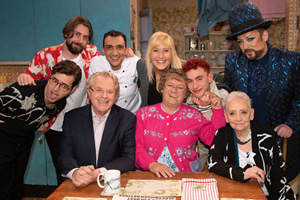 All Round To Mrs. Brown's. Image shows from L to R: Emre Türkmen, Mikey Goldsworthy, Jerry Springer, Aly Mahmoud, Cathy Brown (Jennifer Gibney), Mrs Brown (Brendan O'Carroll), Olly Alexander, Dinah O'Dowd, Boy George