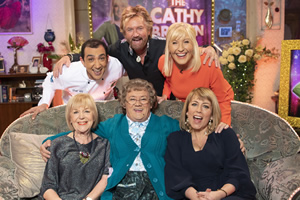 All Round To Mrs. Brown's. Image shows from L to R: Tina Allen, Aly Mahmoud, Noel Edmonds, Mrs Brown (Brendan O'Carroll), Cathy Brown (Jennifer Gibney), Fay Ripley