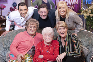 All Round To Mrs. Brown's. Image shows from L to R: Aly Mahmoud, Mrs Brown (Brendan O'Carroll), Johnny Vegas, Patricia Pennington, Clare Balding, Cathy Brown (Jennifer Gibney)