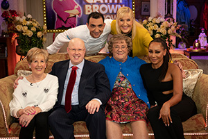 All Round To Mrs. Brown's. Image shows from L to R: Diana Lobatto, Matt Lucas, Aly Mahmoud, Mrs Brown (Brendan O'Carroll), Cathy Brown (Jennifer Gibney), Melanie Brown