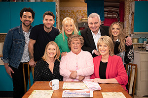 All Round To Mrs. Brown's. Image shows from L to R: Ben Earle, Joel Dommett, Penny Dommett, Cathy Brown (Jennifer Gibney), Mrs Brown (Brendan O'Carroll), Eamonn Holmes, Ruth Langsford, Crissie Rhodes