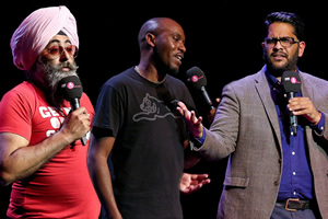 Asian Network Comedy. Image shows from L to R: Hardeep Singh Kohli, Dane Baptiste, Eshaan Akbar. Copyright: BBC