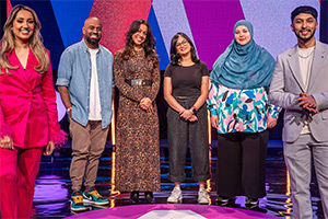 Asian Network Comedy. Image shows left to right: Nikita Kanda, Bas Rahman, Dinesh Nathan, Shalaka Kurup, Fatiha El-Ghorri, SMASHBengali